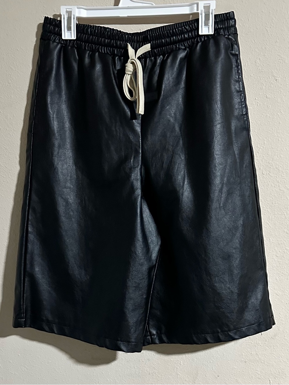 Men's Black Faux Leather PU Jorts with Drawstring Waist